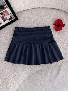 Tween Girl Tween Girls Navy Blue Knit Casual Vacation Home Versatile Hollow Texture Ruched A-Line Low Waist Mini Skirt, Suitable For All Seasons - Navy Blue - View 2