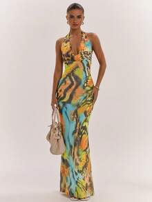 SHEIN BAE Women's Backless Yellow Floral Butterfly Print Mesh Maxi Dress,Draped Neck Beaded Decor Elegant Casual Summer Holiday Vacation Holiday Dress - Yellow - View 5