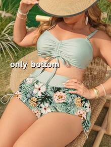 Swim Lushoire Plus Size Women Summer Beach Vacation Tropical Print Drawstring Ruched Tie Front Swimwear Bottom - Hot Pink - View 4