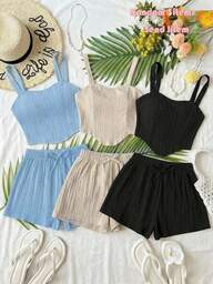 SHEIN Set di canotta senza maniche e pantaloncini per ragazza pre-adolescente, casual, versatile, comodo e aderente, tinta unita