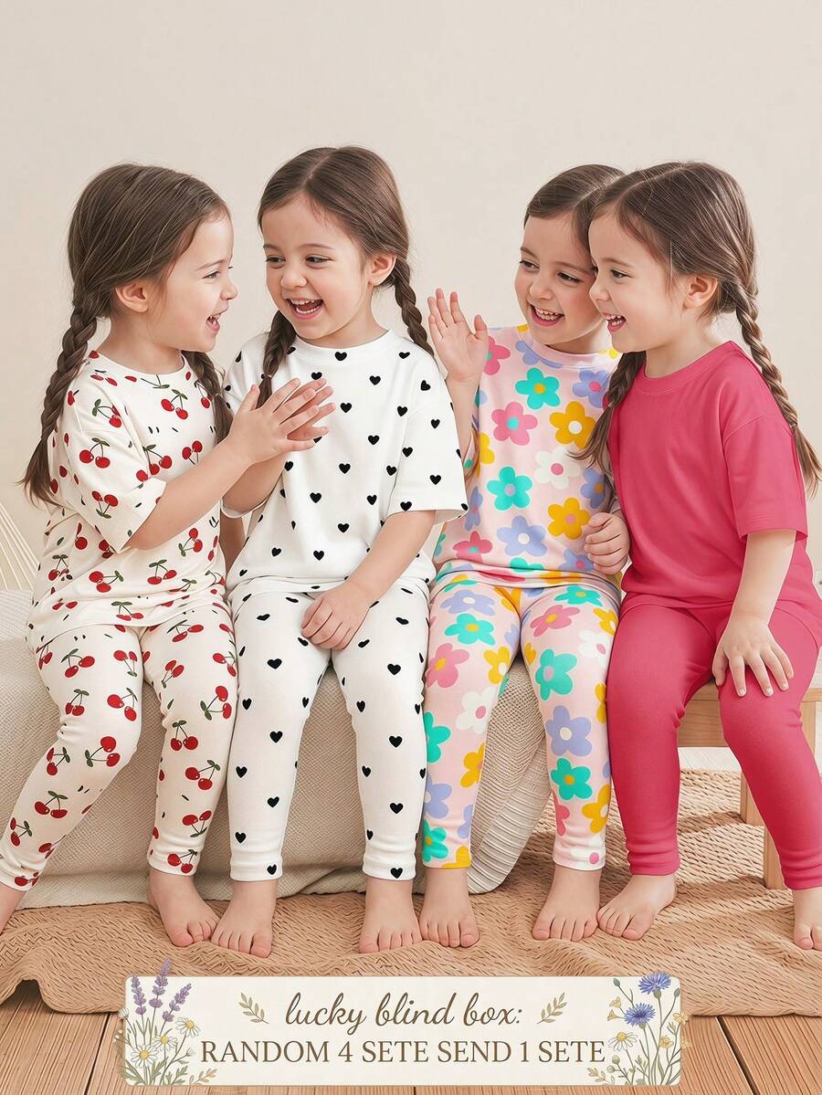 [Lucky Blind Box:RANDOM 4 SETE SEND 1 SETE]Cute Sweet Cherry Heart Floral Print, Baby Girl Casual Simple Round Neck Loose Short Sleeve T-Shirt Tight Leggings Set Suitable For Spring And Summer - Multicolor - View 1