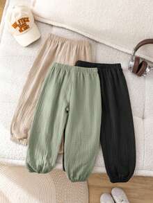 SHEIN LMoss Kids 3件/套可愛休閒百搭舒適親膚柔軟純色鬆緊腰長褲套裝，適合青少年男孩和女孩，適用於春、夏、秋季，日常穿著、外出、學校、派對和假期 - 彩色 - 查看 3