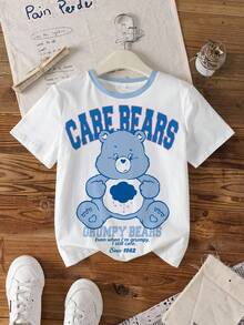 SHEIN X Care Bears 青少年女孩圓領字母卡通印花休閒百搭日常出遊短袖T恤 - 白色 - 查看 3