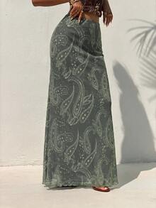 Aloruh 女款腰果花紋休閒百搭外出裙 - 橄欖綠 - 查看 5