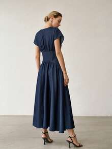 MOTF PREMIUM WOMEN'S BUCKLE DETAIL WAIST-CINCHING DENIM DRESS - Navy Blue - View 5