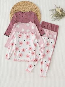 Cozy Pixies Baby Girl 6pcs Set: Plant & Floral Pattern Knit Soft Round Neck Long Sleeve Ruffle Pullover Top & Elastic Waist Long Pants - Pink - View 2