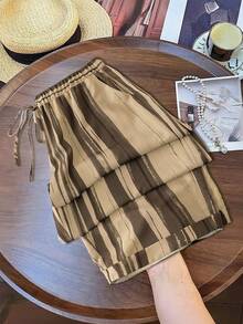 EMERY ROSE Plus Size Women's Vintage Striped Print Wide Leg Pants, Loose Relaxed Fit, Thin Long Pants For Spring And Summer - Khaki - View 2