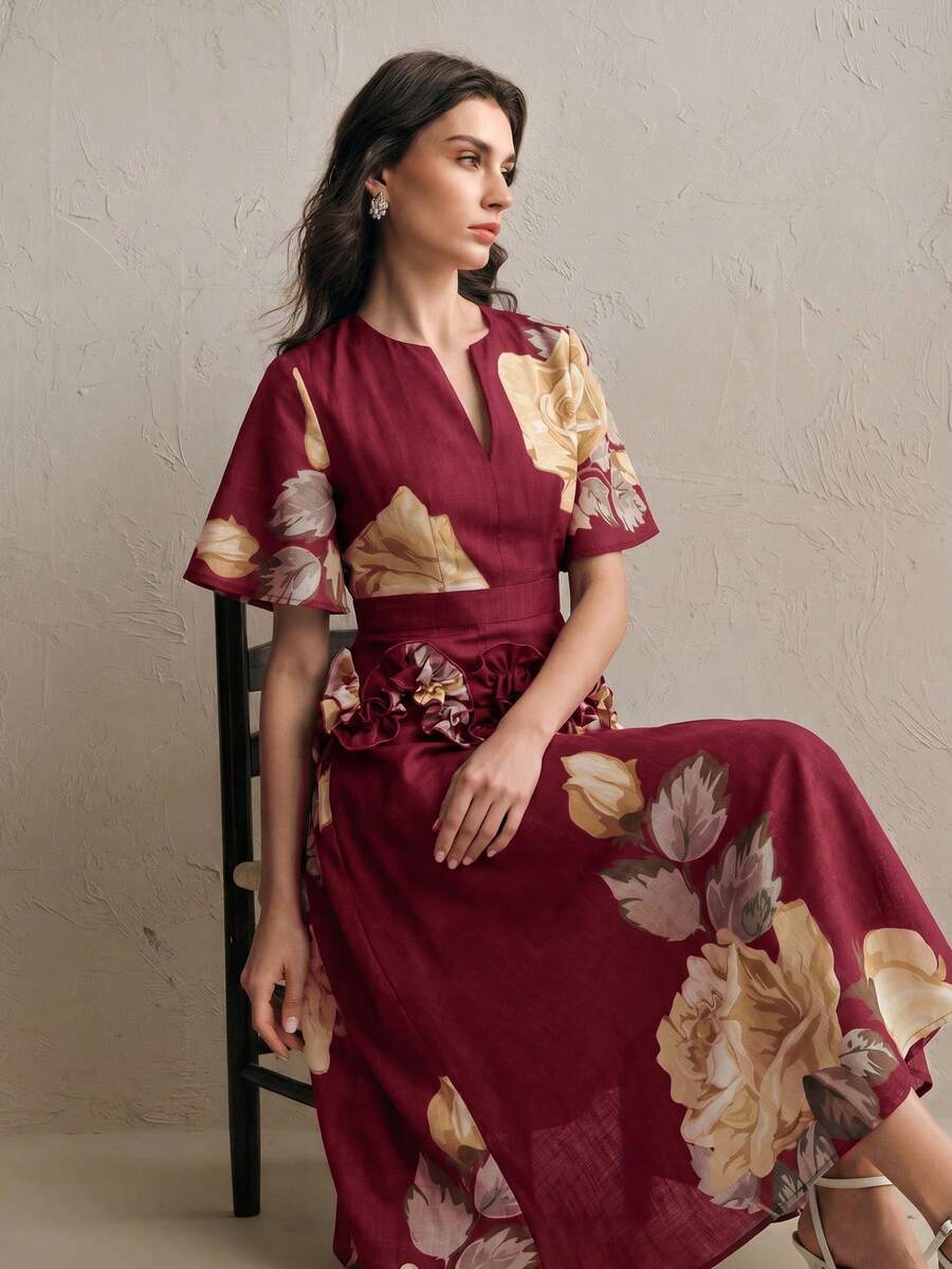 Anewsta 女款春夏季優雅多色花卉印花圓領短袖A字收腰顯瘦長洋裝,胸前波浪蓮花荷葉邊飾增添層次感,浪漫優雅,適合日常穿著、度假、婚禮、海灘及其他場合 - 紅色 - 查看 1