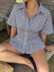 MainGRL 海军蓝格子衬衫短裤两件套，女士休闲装 - 藏蓝色 - 查看 4