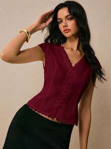 Poéselle Women's Summer Casual Solid Color Waist-Defining Blouse - Burgundy - View 4