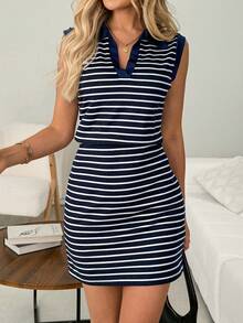 SHEIN LUNE Casual Coastal Women's Summer Vacation Commute Work Daily Navy Blue And White Dress Summer Beach Dress - Multicolor - View 4