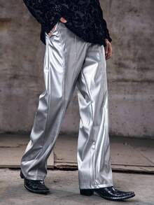 Skyrend Men's PU Leather Pocket Loose Fit Wide Leg Pants Silver Pants Flare Pants Metallic Pants Reflective Pants Rave Pantsemo Grunge - Silver - View 1