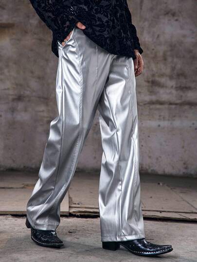 Skyrend Men's PU Leather Pocket Loose Fit Wide Leg Pants Silver Pants Flare Pants Metallic Pants Reflective Pants Rave Pantsemo Grunge