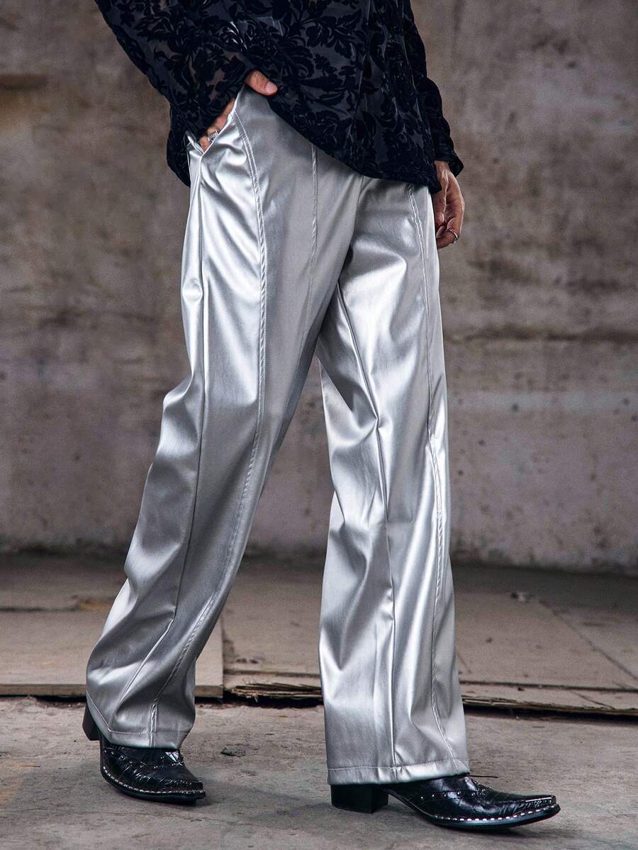 Skyrend Men's PU Leather Pocket Loose Fit Wide Leg Pants Silver Pants Flare Pants Metallic Pants Reflective Pants Rave Pantsemo Grunge - Silver - View 1