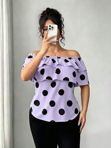 Elenzga Blusa de mujer talla grande con estampado de lunares clásico, doble capa de volantes y hombros descubiertos - Morado - Ver 4