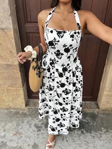 SHEIN Clasi Plus Size Brown Summer Boho Elegant Floral A-Line Dress,Retro Halter Tie-Up Sleeveless Tea Party Gym Holiday Beach Vacation Sundress - Black and White - View 3