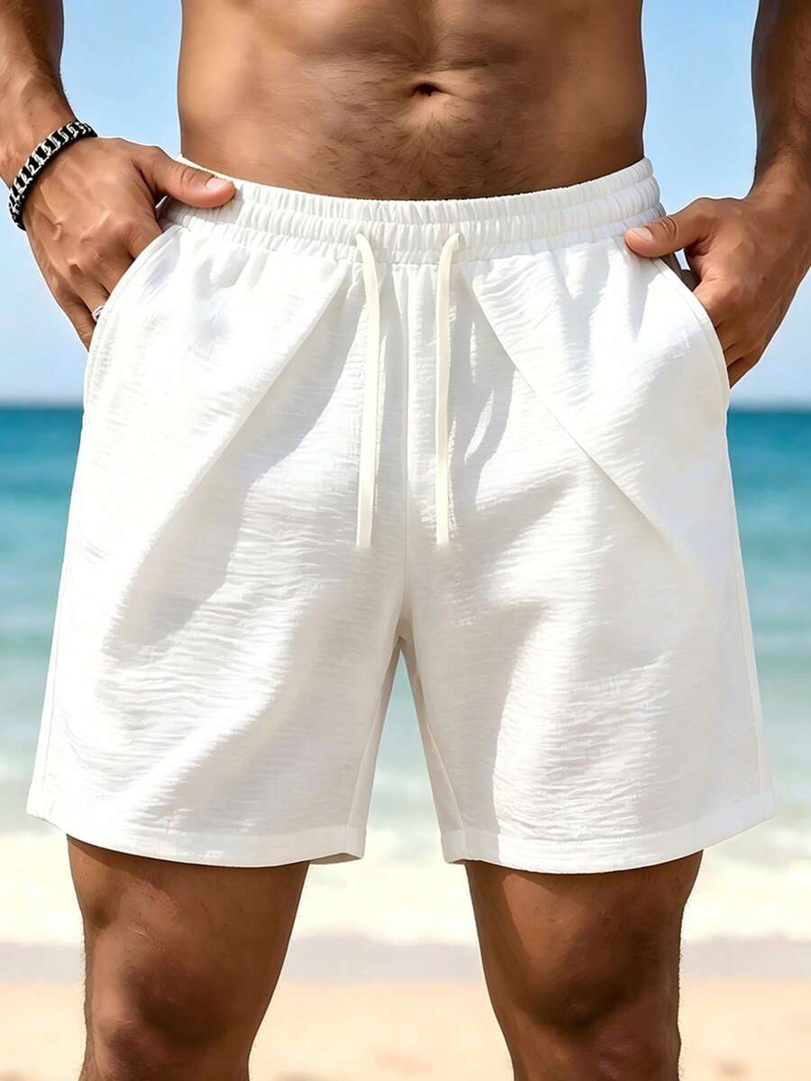 Manfinity Swimmode 男士純色抽繩腰口袋休閒運動短褲,度假風 - 白色 - 查看 1