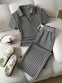 SHEIN 兒童青少年女童T恤套裝 春夏百搭簡約學院風V領短袖T恤 腰部抓皺標準肩收腰短版Polo衫休閒T恤配長褲2件組 返校季 - 黑與白 - 查看 7