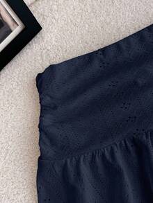 Tween Girl Tween Girls Navy Blue Knit Casual Vacation Home Versatile Hollow Texture Ruched A-Line Low Waist Mini Skirt, Suitable For All Seasons - Navy Blue - View 6