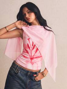 Poéselle 女款植物印花不對稱下擺蝙蝠袖上衣 - 粉色 - 查看 5