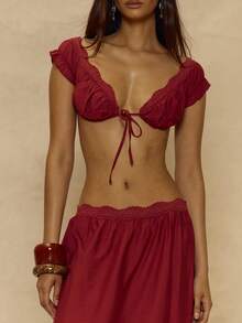 MUSERA Red Lace Trim Bardot Crop Top - Red - View 2