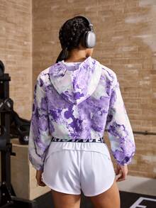 Powerista All-Over Print Hooded Zip-Up Long Sleeve Sports Jacket Purple Going Out Workout Purple Spring Autumn Tie-Dye Printed Exercise, Fitness, Running Summer Autumn All Season Gym Daily Wear - Purple - View 3