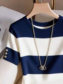 Resyla Kaos Wanita Kasual Musim Panas dengan Motif Blok Warna dan Patchwork - Navy Blue - View 3