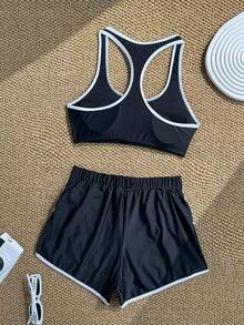 Swim SPRTY Conjunto de traje de baño para mujer 2 en 1 con top deportivo negro de color de contraste con ribete blanco y shorts, primavera/verano - Blanco y Negro - Ver 5
