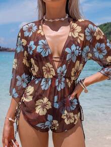 Swim Lushoire Swimsuits For Woman Summer Beach 3packs Random Tropical Print Halter Drawstring Side Bikini - Coffee Brown - View 3