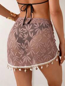 Swim Lushoire Women's Summer Beach Vacation Drawstring Ruched Starfish Shell Tassel Solid Color Special Texture Fabric Split Hem Skirt - Pink - View 2