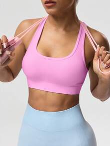 Seamluxe SHEIN Sport Women's Solid Color Sleeveless Cropped Sports Tight Yoga Racerback Tank Top - Pink - View 7