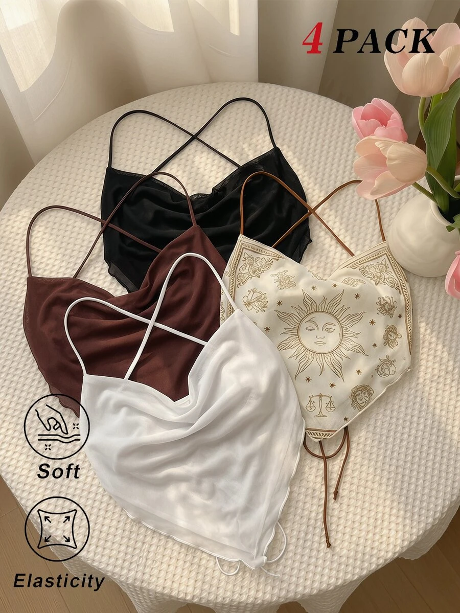 SHEIN MOD 四件套女士吊带网纱露背吊带衫,佩斯利新月印花,黑白配色——浪漫可爱Y2K风格,完美适用于度假、约会、野餐、派对、舞会、节日和生日等场合。 - 彩色 - 查看 1