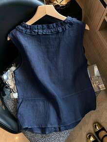 SHEIN Franclia 女款荷葉邊下擺V領亞麻感無袖上衣背心，夏季優雅休閒通勤度假上衣 - 藏蓝色 - 查看 2