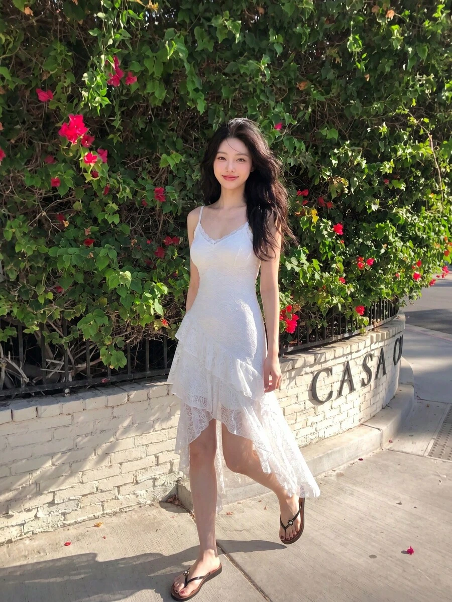 SHEIN MOD Asymmetrical Hem Lace Spaghetti Strap Dress With Ruffle Trim,Graduation White Dress,Summer Dresses For Women,Tea Party Wedding Guest