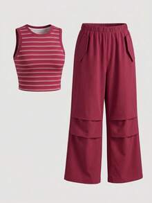 SHEIN ChillGRL Conjunto de 2 piezas para niñas con top de tirantes con estampado de estrellas y cordón & pantalones cargo con bolsillos y cintura de bloques de color, estilo casual de calle, primavera/verano - Rojo - Ver 3