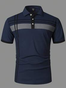 Calvornis 男士夏季條紋短袖休閒通勤 Polo 正裝襯衫，儀式適用 - 藏蓝色 - 查看 4