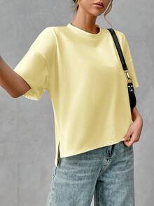 SHEIN Essnce Cream Yellow Pure Cotton Comfortable Women's Minimalist Basic Short Front Long Back T-Shirt, Chic, Suitable For Outings, Matching, Travel, Vacation - Yellow - View 5
