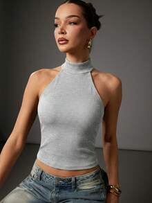 Hauture Women's Solid Color Halter Neck Slim Fit Versatile Daily Outing Top - Grey - View 1