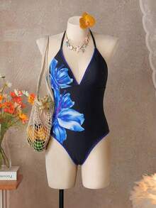 Swim Vcay 2026春夏度假海灘花卉撞色狗牙紋飾邊掛脖式一件式泳衣 - 彩色 - 查看 11