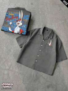 LOONEY TUNES X SHEIN PAVTROS Dark Grey Summer Men's Short Sleeve Collaboration Shirt,Cute World Cup Pattern Unisex Design,Streetwear City Break Casual Outdoor Theme Party Gift - Brown - View 4