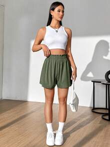 Flirla Women's Solid Color Ruffle Waist Casual Shorts - Army Green - View 6