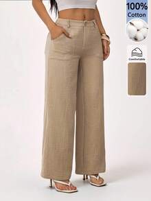 SHEIN PETITE 100% Washed Cotton Low Waist Straight Pants ,Petite Women - Khaki - View 7