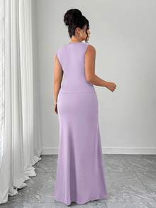 Elenzga Women's Elegant Dress, Sleeveless Round Neck A-Line Silhouette, Ruched Waist Design, Solid Color Knit Fabric - Purple - View 2