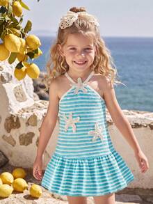 SHEIN Elladie kids 少女 YK2 夏季韓風新款時尚甜美細肩帶露背彩虹條紋可愛度假洋裝 - 藍色 - 查看 5