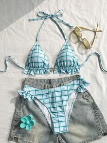 Swim Vcay 2026 Spring/Summer Blue Green Plaid Print Fabric Gold Starfish Shell Conch Shell Decor High Cut Hem Design Suitable For Beach Seaside Pool Scenes Women's Sexy Bikini - Blue - View 2