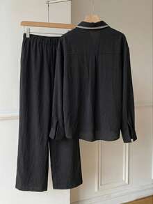 SHEIN EZwear 女款春夏時尚套裝 刺繡飾邊領襯衫與長褲 透氣混搭 通勤上班適用 - 黑色 - 查看 2