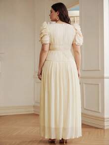 Anewsta Elegant Ruched Sleeve 3D Floral Applique Short Sleeve Summer New Style Plus Size Women's Dress - Apricot - View 7