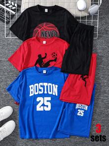 SHEIN 3套買2送1 青少年男童休閒運動數位23籃球足球印花圓領寬鬆套頭短袖T恤短褲針織兩件組多件裝套裝，Ss26，夏季上衣，夏季短褲，男童套裝兒童套裝，適合春夏季，戶外穿著，情人節，旅行，度假，家庭聚會，返校季，婚禮季，晚餐，運動，生日派對 - 彩色 - 查看 4