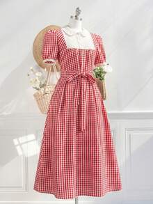 Modelyn 女款春夏梭織紅色格紋短袖收腰蕾絲拼接刺繡領帶腰帶A字優雅浪漫洋裝 - 紅色 - 查看 5