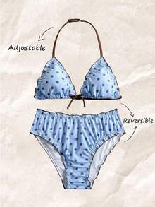 SHEIN Girlism Ensemble de maillot de bain bikini deux pièces tankini pour filles et adolescentes, nouveau style décontracté d'été pour vacances, bordure à volants, imprimé à pois bicolore, décoration de nœud, ensemble de vacances à la plage, vacances d'été, ensemble de vacances à la plage - Bleu ciel - Voir 1